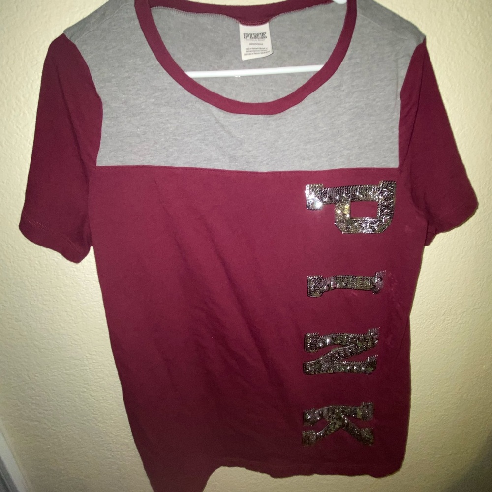 VS PINK Short Sleeve Tee // Burgundy with Sequins